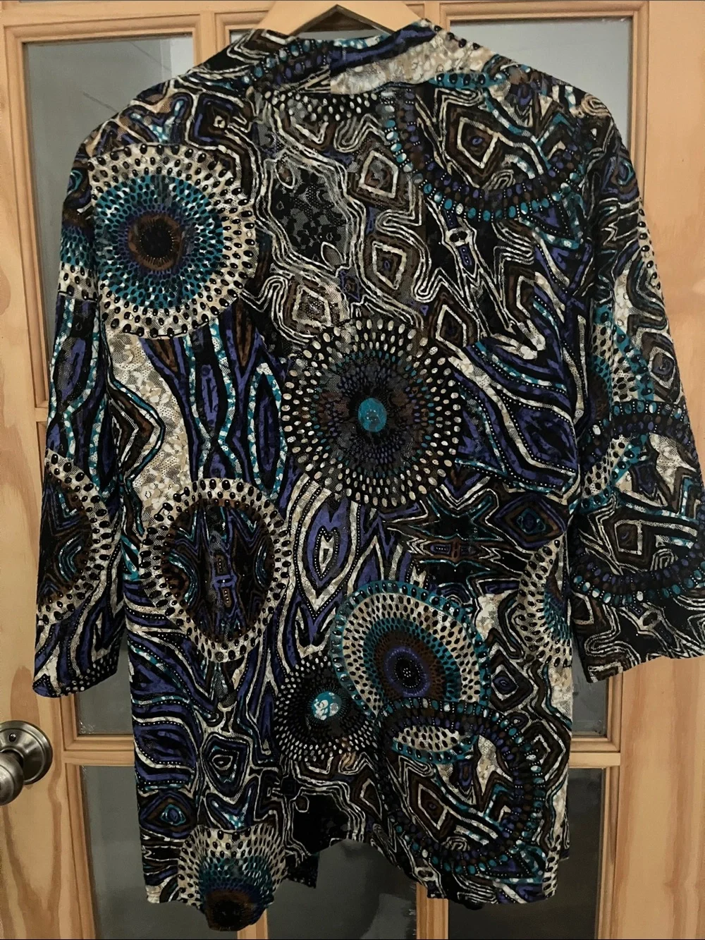 Chico's lace cardigan 3/4 sleeve teal, tan, blue brown abstract print